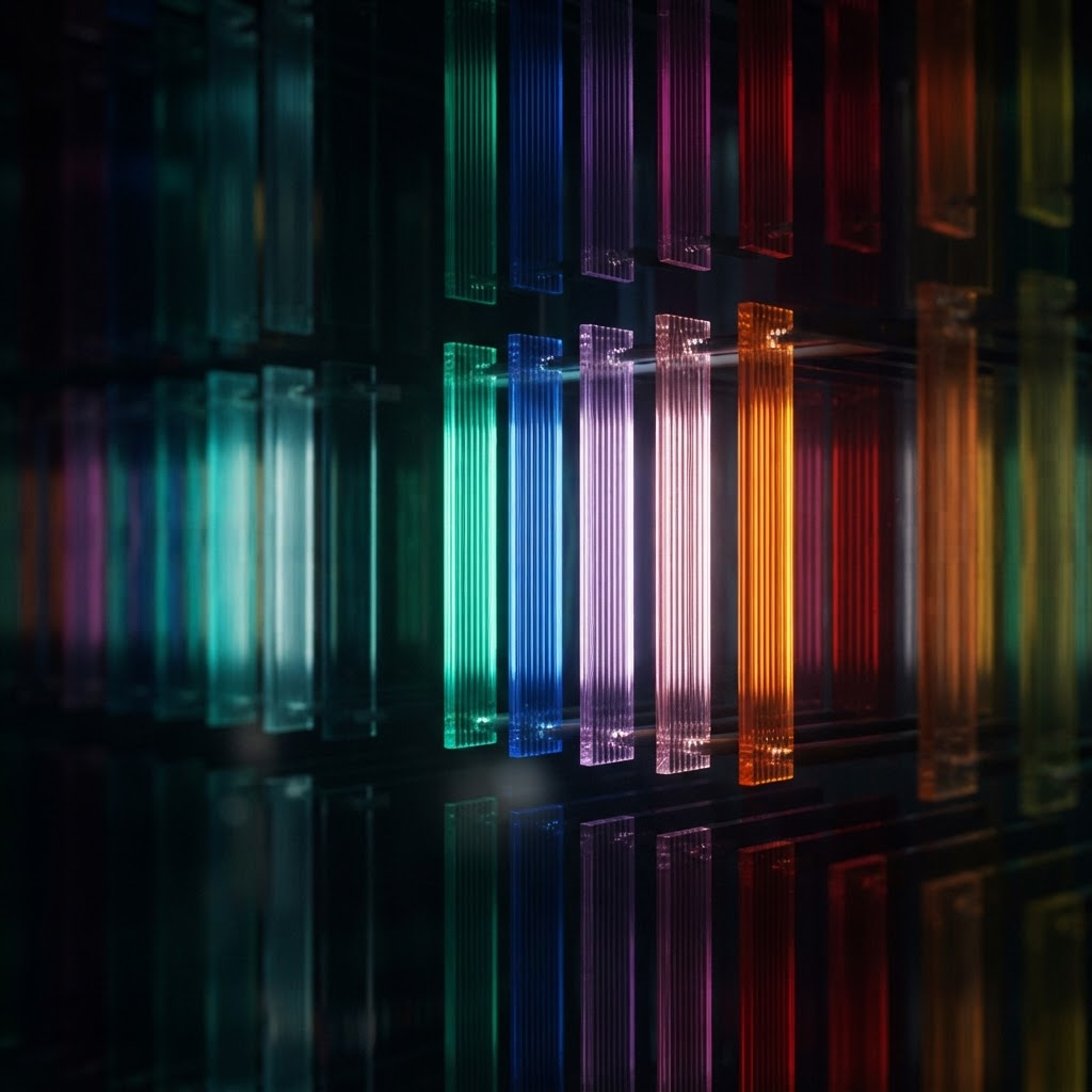 Selected illuminated glass fins brought into precise alignment
