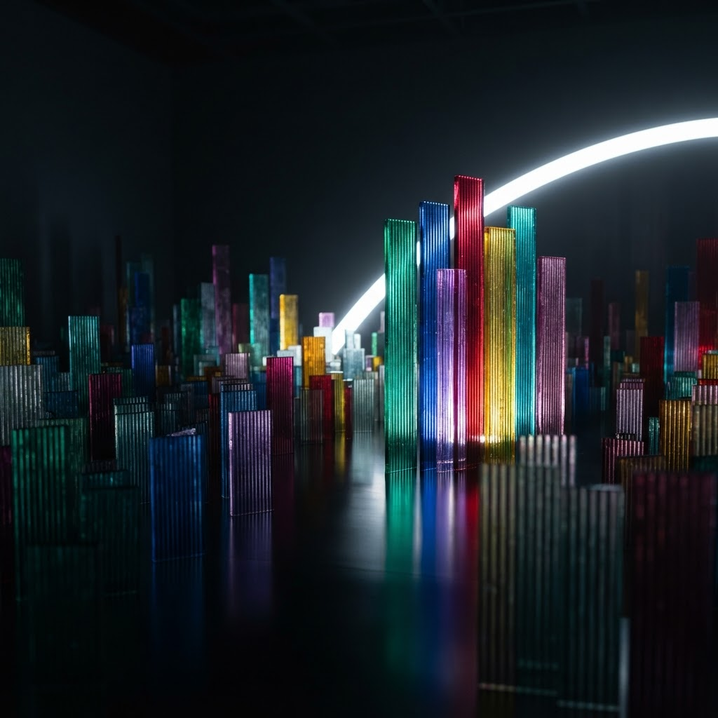 A few tall illuminated glass fins standing out sharply from a larger crowd receding into shadow