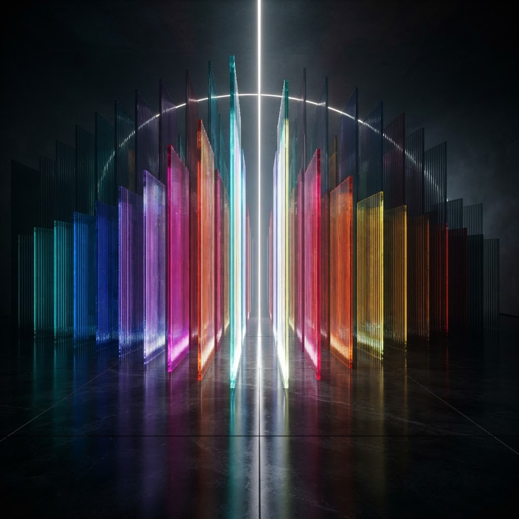 Prismatic glass fins divided by a bright vertical seam of light suggesting a verified boundary